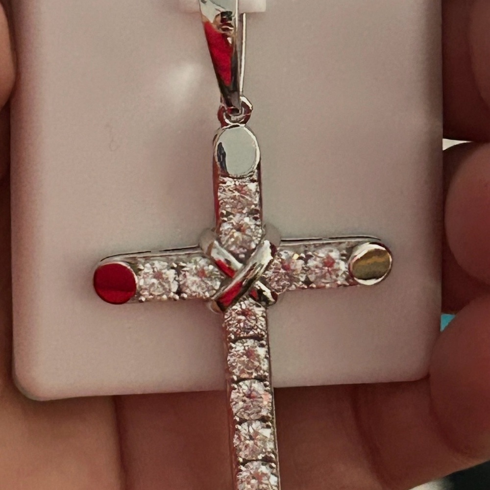 925 Real Sterling Silver Cross Pendant with Clear Cubic Zirconia - White